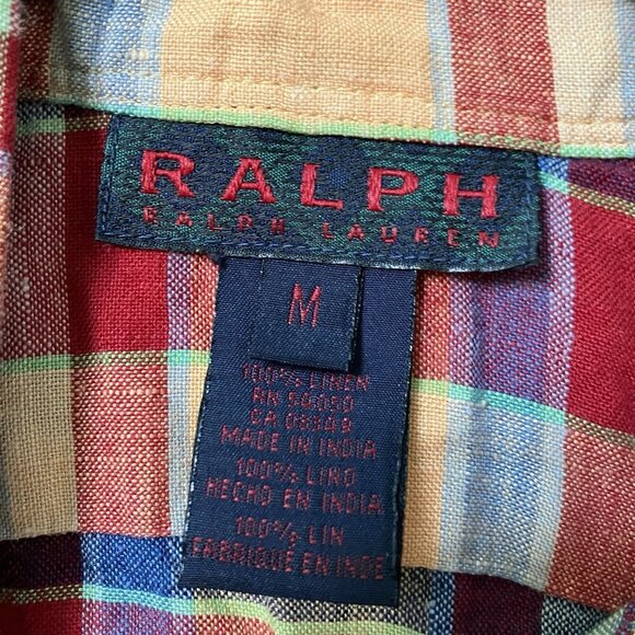Vintage Ralph Ralph Lauren Yellow Red Plaid Linen Sleeveless Button Front Dress - Picture 3 of 4